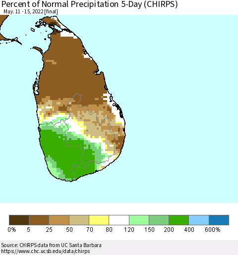 Sri Lanka Percent of Normal Precipitation 5-Day (CHIRPS) Thematic Map For 5/11/2022 - 5/15/2022