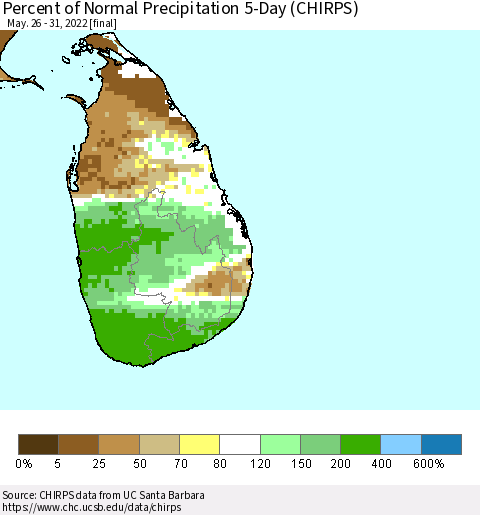 Sri Lanka Percent of Normal Precipitation 5-Day (CHIRPS) Thematic Map For 5/26/2022 - 5/31/2022