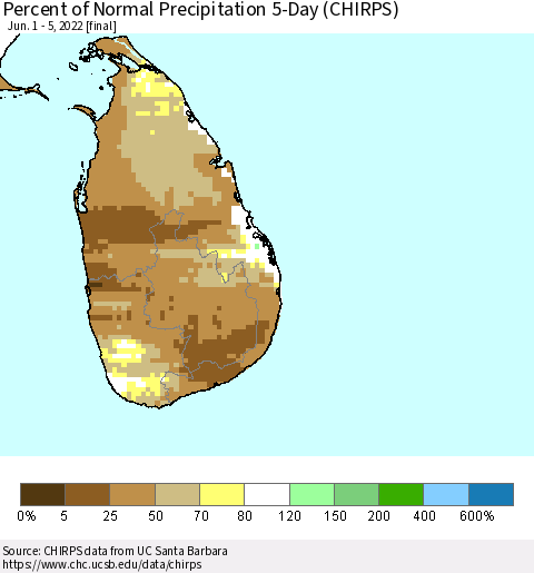 Sri Lanka Percent of Normal Precipitation 5-Day (CHIRPS) Thematic Map For 6/1/2022 - 6/5/2022