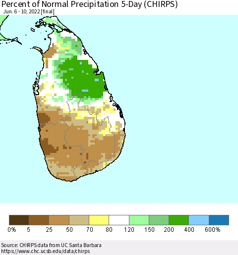 Sri Lanka Percent of Normal Precipitation 5-Day (CHIRPS) Thematic Map For 6/6/2022 - 6/10/2022