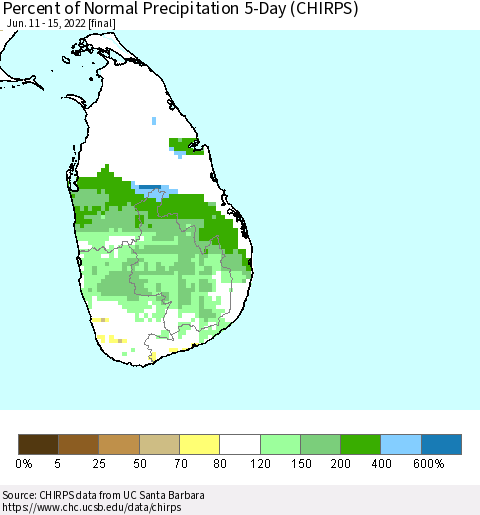 Sri Lanka Percent of Normal Precipitation 5-Day (CHIRPS) Thematic Map For 6/11/2022 - 6/15/2022