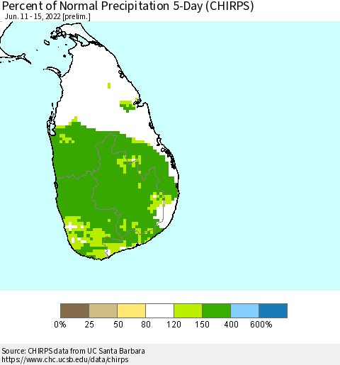 Sri Lanka Percent of Normal Precipitation 5-Day (CHIRPS) Thematic Map For 6/11/2022 - 6/15/2022