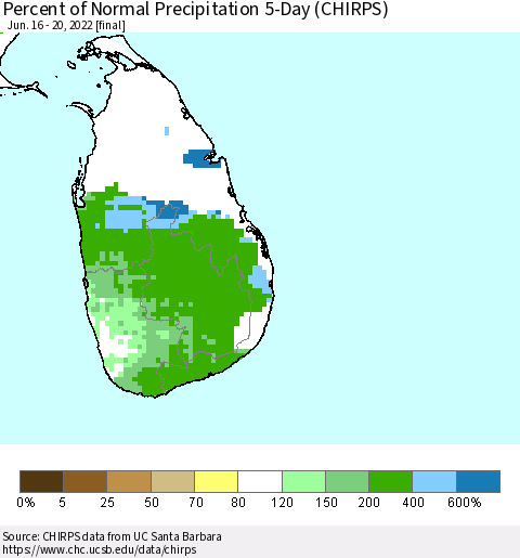 Sri Lanka Percent of Normal Precipitation 5-Day (CHIRPS) Thematic Map For 6/16/2022 - 6/20/2022