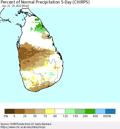 Sri Lanka Percent of Normal Precipitation 5-Day (CHIRPS) Thematic Map For 6/21/2022 - 6/25/2022