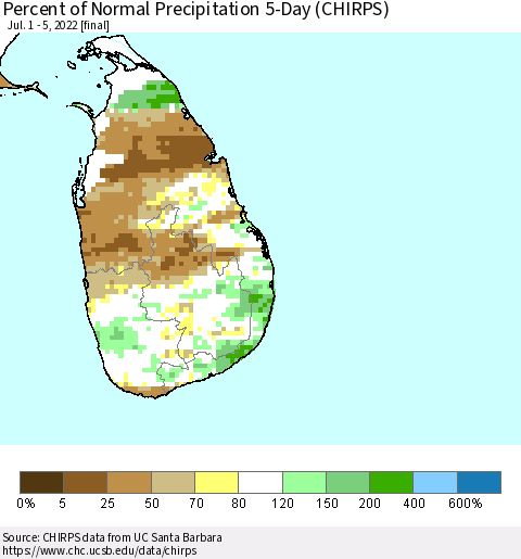 Sri Lanka Percent of Normal Precipitation 5-Day (CHIRPS) Thematic Map For 7/1/2022 - 7/5/2022