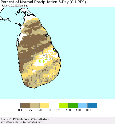 Sri Lanka Percent of Normal Precipitation 5-Day (CHIRPS) Thematic Map For 7/6/2022 - 7/10/2022