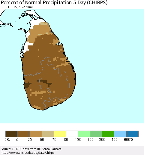 Sri Lanka Percent of Normal Precipitation 5-Day (CHIRPS) Thematic Map For 7/11/2022 - 7/15/2022