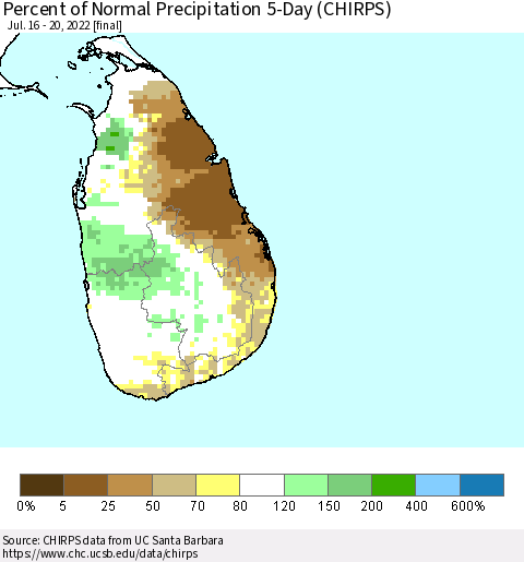 Sri Lanka Percent of Normal Precipitation 5-Day (CHIRPS) Thematic Map For 7/16/2022 - 7/20/2022