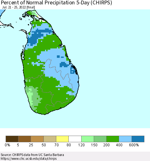 Sri Lanka Percent of Normal Precipitation 5-Day (CHIRPS) Thematic Map For 7/21/2022 - 7/25/2022
