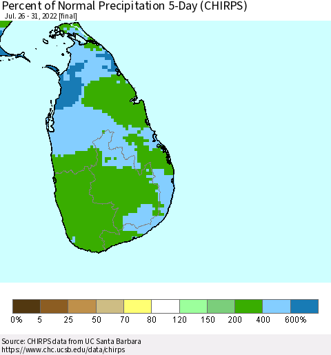 Sri Lanka Percent of Normal Precipitation 5-Day (CHIRPS) Thematic Map For 7/26/2022 - 7/31/2022