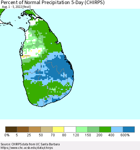 Sri Lanka Percent of Normal Precipitation 5-Day (CHIRPS) Thematic Map For 8/1/2022 - 8/5/2022
