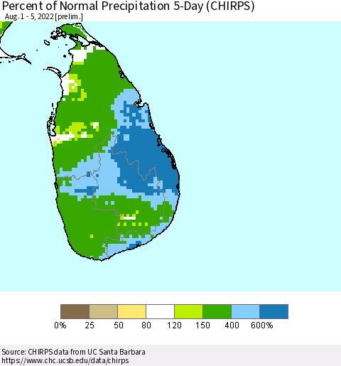 Sri Lanka Percent of Normal Precipitation 5-Day (CHIRPS) Thematic Map For 8/1/2022 - 8/5/2022