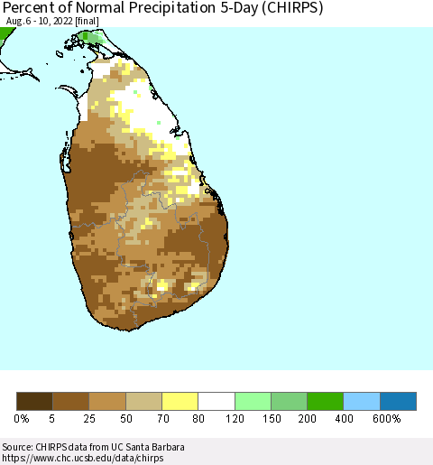 Sri Lanka Percent of Normal Precipitation 5-Day (CHIRPS) Thematic Map For 8/6/2022 - 8/10/2022
