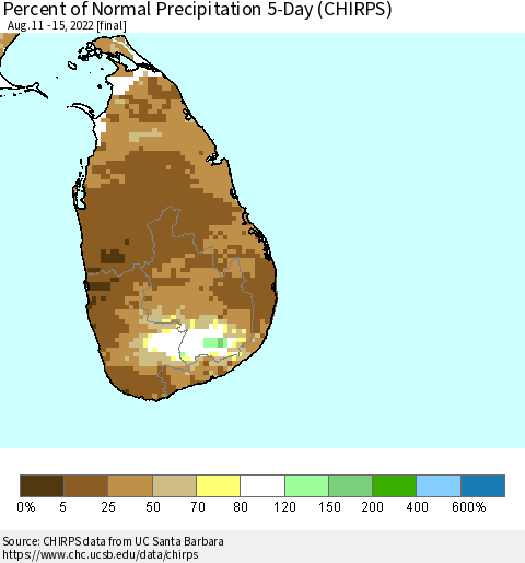 Sri Lanka Percent of Normal Precipitation 5-Day (CHIRPS) Thematic Map For 8/11/2022 - 8/15/2022