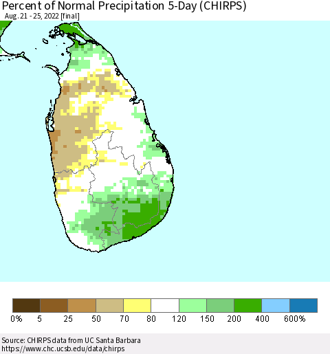 Sri Lanka Percent of Normal Precipitation 5-Day (CHIRPS) Thematic Map For 8/21/2022 - 8/25/2022