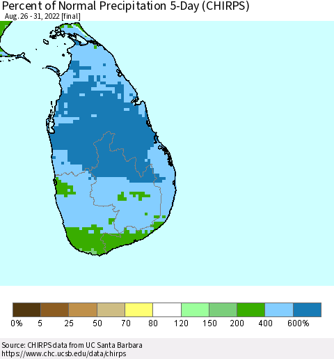 Sri Lanka Percent of Normal Precipitation 5-Day (CHIRPS) Thematic Map For 8/26/2022 - 8/31/2022