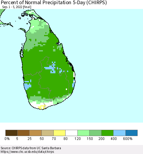 Sri Lanka Percent of Normal Precipitation 5-Day (CHIRPS) Thematic Map For 9/1/2022 - 9/5/2022