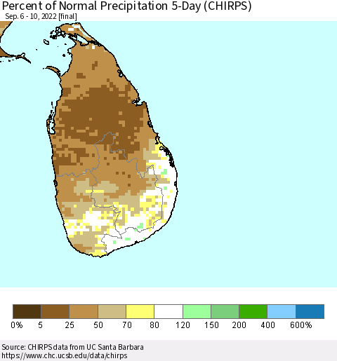 Sri Lanka Percent of Normal Precipitation 5-Day (CHIRPS) Thematic Map For 9/6/2022 - 9/10/2022