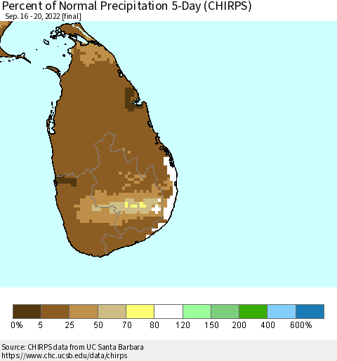 Sri Lanka Percent of Normal Precipitation 5-Day (CHIRPS) Thematic Map For 9/16/2022 - 9/20/2022