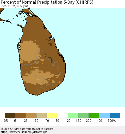 Sri Lanka Percent of Normal Precipitation 5-Day (CHIRPS) Thematic Map For 9/21/2022 - 9/25/2022