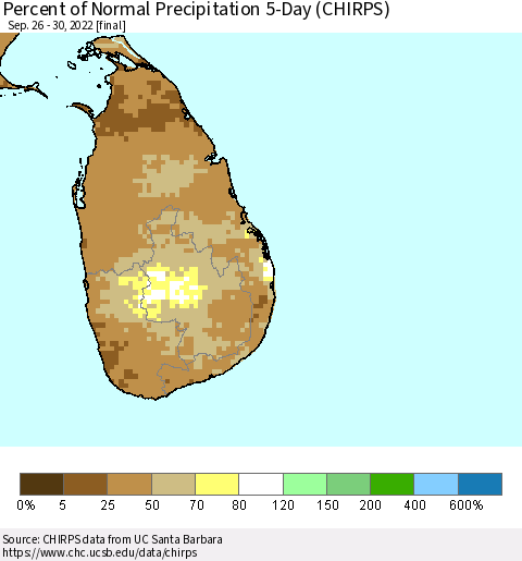 Sri Lanka Percent of Normal Precipitation 5-Day (CHIRPS) Thematic Map For 9/26/2022 - 9/30/2022