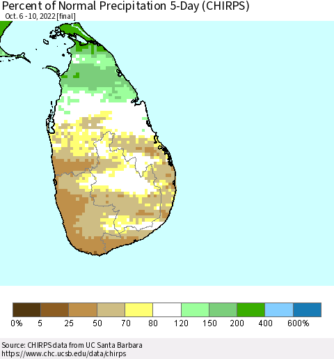 Sri Lanka Percent of Normal Precipitation 5-Day (CHIRPS) Thematic Map For 10/6/2022 - 10/10/2022