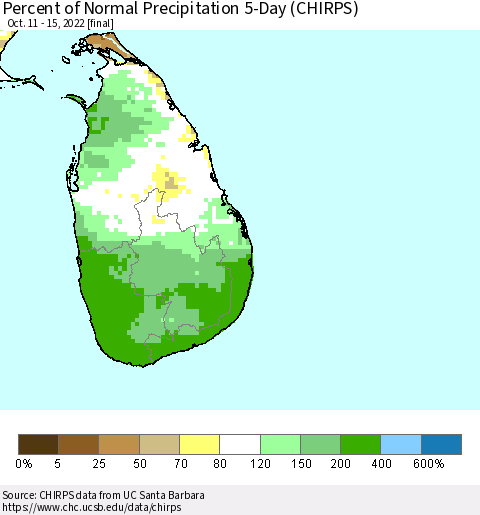 Sri Lanka Percent of Normal Precipitation 5-Day (CHIRPS) Thematic Map For 10/11/2022 - 10/15/2022