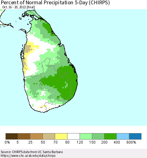 Sri Lanka Percent of Normal Precipitation 5-Day (CHIRPS) Thematic Map For 10/16/2022 - 10/20/2022