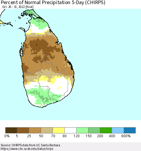 Sri Lanka Percent of Normal Precipitation 5-Day (CHIRPS) Thematic Map For 10/26/2022 - 10/31/2022