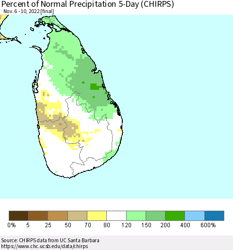 Sri Lanka Percent of Normal Precipitation 5-Day (CHIRPS) Thematic Map For 11/6/2022 - 11/10/2022
