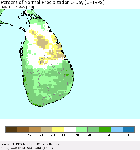 Sri Lanka Percent of Normal Precipitation 5-Day (CHIRPS) Thematic Map For 11/11/2022 - 11/15/2022