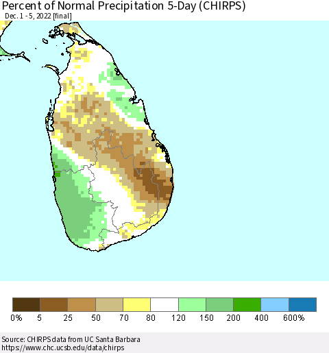 Sri Lanka Percent of Normal Precipitation 5-Day (CHIRPS) Thematic Map For 12/1/2022 - 12/5/2022