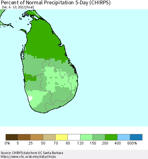 Sri Lanka Percent of Normal Precipitation 5-Day (CHIRPS) Thematic Map For 12/6/2022 - 12/10/2022