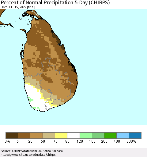 Sri Lanka Percent of Normal Precipitation 5-Day (CHIRPS) Thematic Map For 12/11/2022 - 12/15/2022