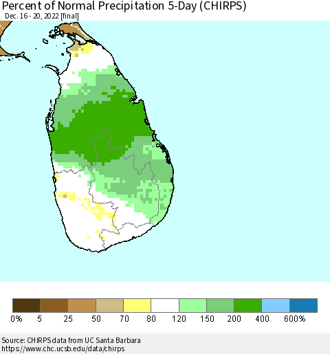 Sri Lanka Percent of Normal Precipitation 5-Day (CHIRPS) Thematic Map For 12/16/2022 - 12/20/2022