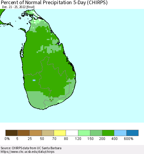 Sri Lanka Percent of Normal Precipitation 5-Day (CHIRPS) Thematic Map For 12/21/2022 - 12/25/2022