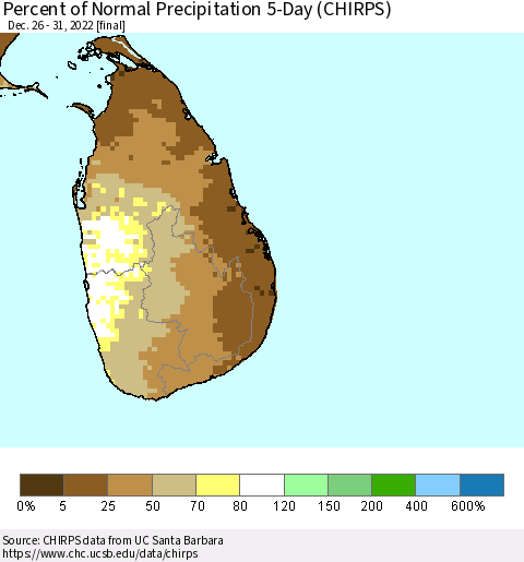Sri Lanka Percent of Normal Precipitation 5-Day (CHIRPS) Thematic Map For 12/26/2022 - 12/31/2022
