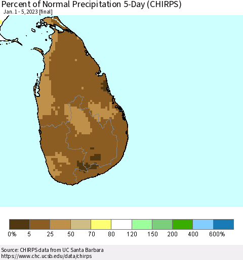 Sri Lanka Percent of Normal Precipitation 5-Day (CHIRPS) Thematic Map For 1/1/2023 - 1/5/2023