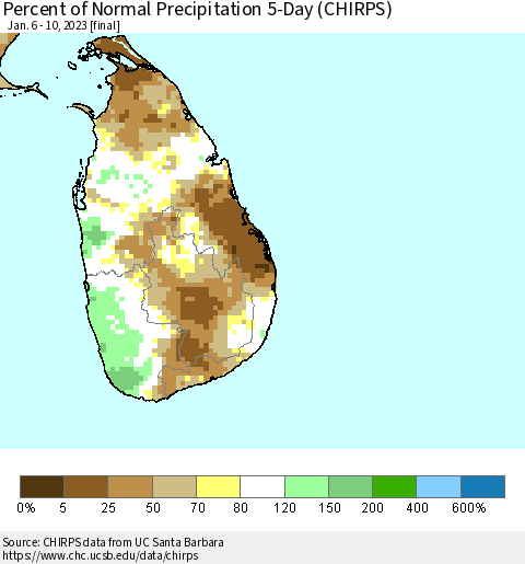 Sri Lanka Percent of Normal Precipitation 5-Day (CHIRPS) Thematic Map For 1/6/2023 - 1/10/2023