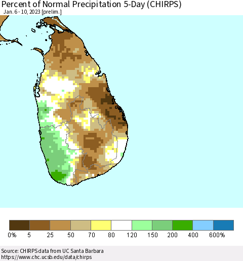 Sri Lanka Percent of Normal Precipitation 5-Day (CHIRPS) Thematic Map For 1/6/2023 - 1/10/2023