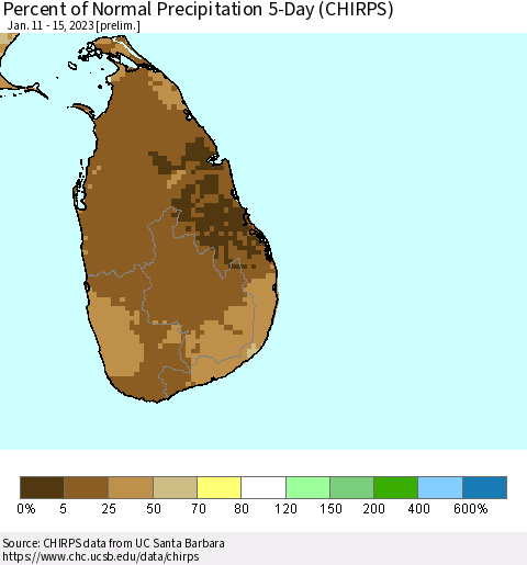 Sri Lanka Percent of Normal Precipitation 5-Day (CHIRPS) Thematic Map For 1/11/2023 - 1/15/2023