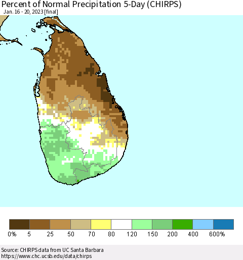Sri Lanka Percent of Normal Precipitation 5-Day (CHIRPS) Thematic Map For 1/16/2023 - 1/20/2023