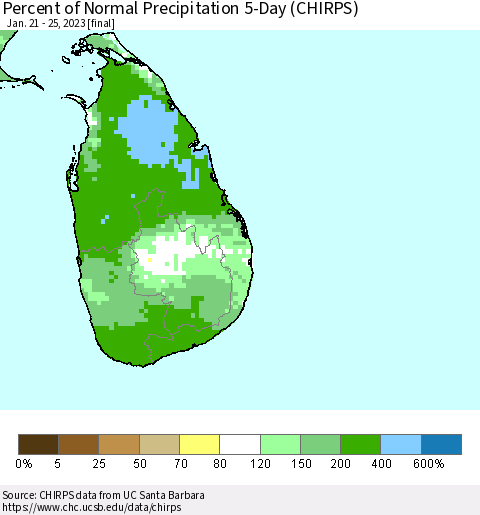 Sri Lanka Percent of Normal Precipitation 5-Day (CHIRPS) Thematic Map For 1/21/2023 - 1/25/2023