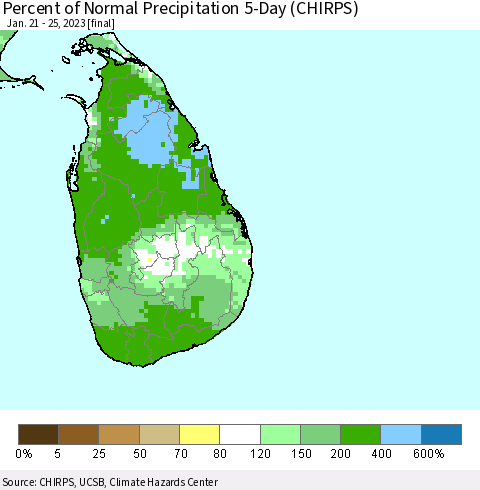 Sri Lanka Percent of Normal Precipitation 5-Day (CHIRPS) Thematic Map For 1/21/2023 - 1/25/2023