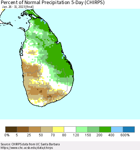 Sri Lanka Percent of Normal Precipitation 5-Day (CHIRPS) Thematic Map For 1/26/2023 - 1/31/2023