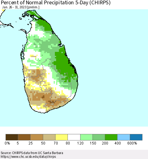 Sri Lanka Percent of Normal Precipitation 5-Day (CHIRPS) Thematic Map For 1/26/2023 - 1/31/2023