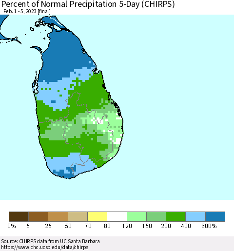 Sri Lanka Percent of Normal Precipitation 5-Day (CHIRPS) Thematic Map For 2/1/2023 - 2/5/2023