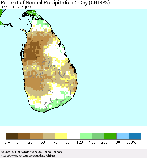Sri Lanka Percent of Normal Precipitation 5-Day (CHIRPS) Thematic Map For 2/6/2023 - 2/10/2023