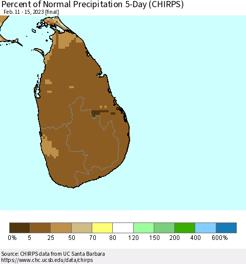 Sri Lanka Percent of Normal Precipitation 5-Day (CHIRPS) Thematic Map For 2/11/2023 - 2/15/2023