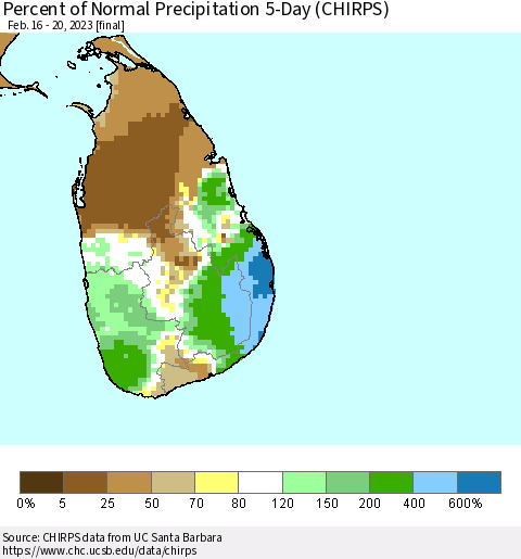 Sri Lanka Percent of Normal Precipitation 5-Day (CHIRPS) Thematic Map For 2/16/2023 - 2/20/2023